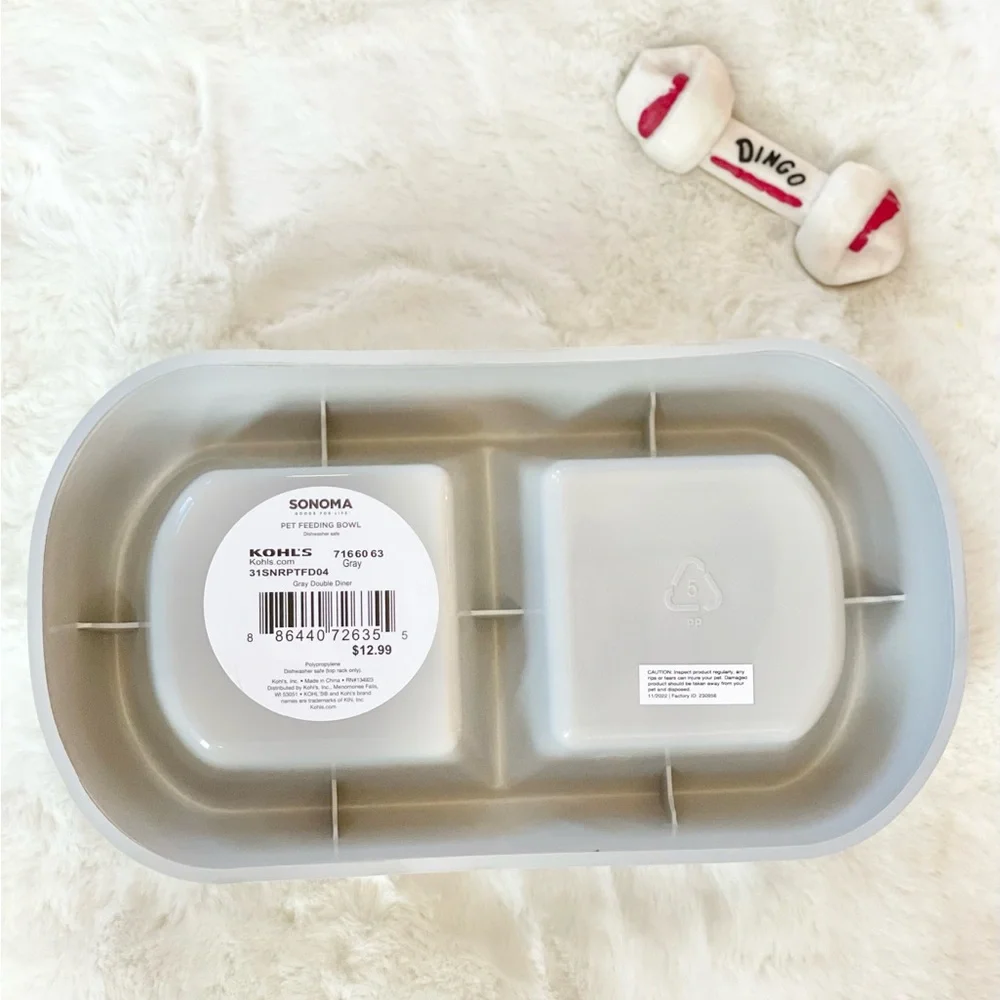 🐶🐱New with tags PET FEEDING BOWL GREY DOUBLE DINER 2 Sections. Dishwasher Safe